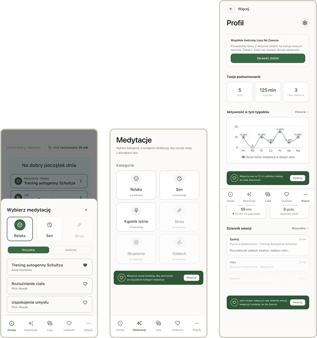 Meditation, categories and profile screens with premium categories greyed out